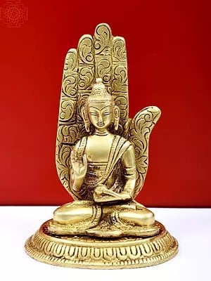 5" Small Lord Buddha Seated on Pedestal against the Aureole of a Hand Interpreting His Dharma