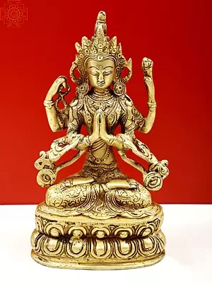 9" Brass Tibetan Buddhist Deity Chenrezig Statue (Shadakshari Lokeshvara)