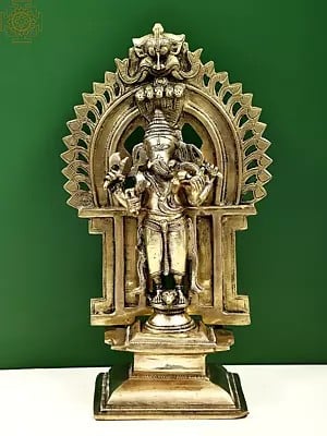 11" Four Armed Standing Ganesha with Kirtimukha Prabhavali | Handmade