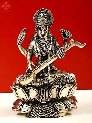 6" Brass Goddess Saraswati Seated on Lotus | Handmade
