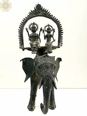 22" Vishnu Lakshmi Seated on Elephant (Dhokra Tribal Art) | Handmade