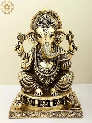 14" Lord Ganesha in Ashirwad Mudra Seated on Ashtaganesha Chowki | Handmade