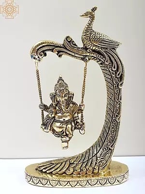 9" Brass Lord Ganesha on Peacock Design Swing | Handmade