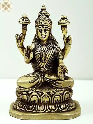 5" Small Brass Goddess Lakshmi Seated on Pedestal