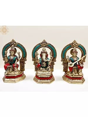9" Brass Ganesha Lakshmi and Saraswati (Set of Three Statues) with Inlay Work