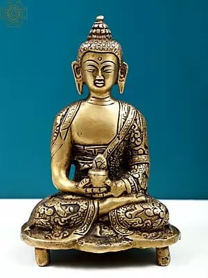 5" Small Brass Lord Buddha In Dhyana Mudra with Adorned in a Designer Robe