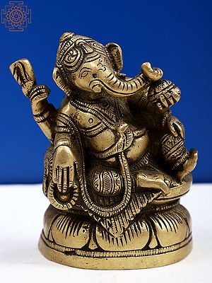 3" Small Brass Lord Ganesha Seated on Lotus Pedestal
