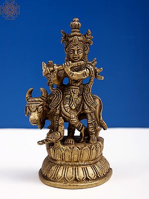 4" Small Brass Lord Krishna Playing Flute with Cow