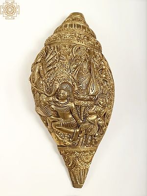9" Brass Durga Story Carving on Brass Conch Wall Hanging