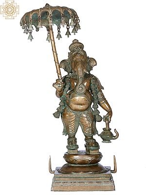 25"  Umbrella Ganesha | Handmade | Madhuchista Vidhana (Lost-Wax) | Panchaloha Bronze from Swamimalai