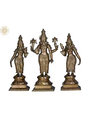 17" Lord Vishnu with Shridevi and Bhudevi | Handmade | Madhuchista Vidhana (Lost-Wax) | Panchaloha Bronze from Swamimalai