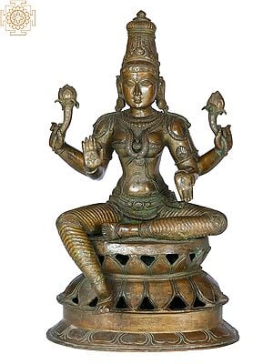 18" Sitting Devi Lakshmi on Double Lotus Base | Handmade | Madhuchista Vidhana (Lost-Wax) | Panchaloha Bronze from Swamimalai
