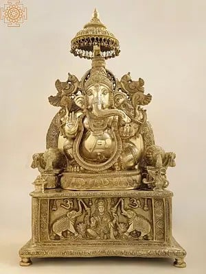 34" Large Superfine Large King Ganesha with Gaja Lakshmi Carved in Pedestal