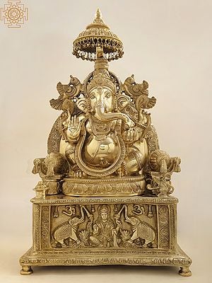 34" Superfine Large King Ganesha with Gaja Lakshmi Carved in Pedestal