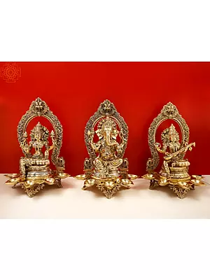 18" Brass Superfine Ganesha Lakshmi and Saraswati (Set of Three Statues)