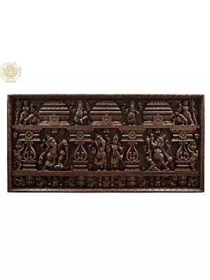 74" Large Wooden Ganesha With Karttikeya Wall Panel