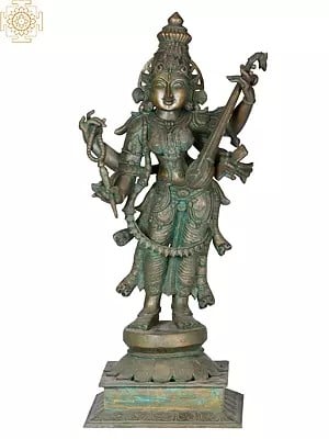 24" Standing Devi Saraswati Bronze Statue | Madhuchista Vidhana (Lost-Wax) | Panchaloha Bronze from Swamimalai