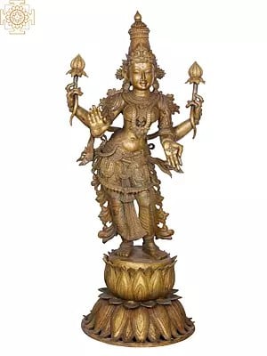47" Superfine Standing Goddess Lakshmi on Lotus Base | Madhuchista Vidhana (Lost-Wax) | Panchaloha Bronze from Swamimalai