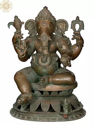25" Bhagawan Ganesha Seated on Lotus Base | Madhuchista Vidhana (Lost-Wax) | Panchaloha Bronze from Swamimalai