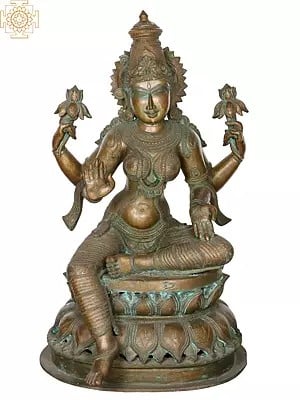 23" Sitting Devi Lakshmi Panchaloha Bronze Statue on Double Lotus Base