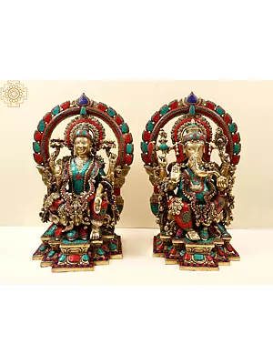 22" Brass Lord Ganesha and Goddess Lakshmi (Pair) with Kirtimukha Prabhavali