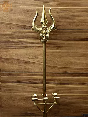 84" Large Brass Shiva's Trident / Trishul with Diya
