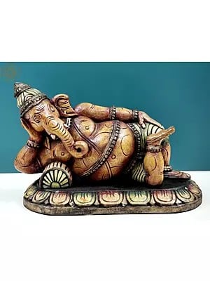 12" Wooden Relaxing Ganesha Sculpture in Vengai Wood