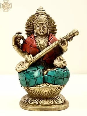 4" Brass Small Goddess Saraswati Statue with Inlay Work