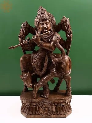 36" Large Wooden Fluting Krishna with Cow