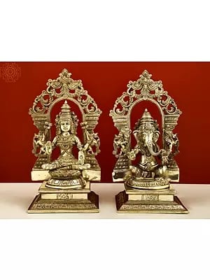 12" Brass Lord Ganesha and Goddess Lakshmi with Kirtimukha Prabhavali