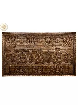 Large Wooden Ganesha Lakshmi and Saraswati Wall Panel