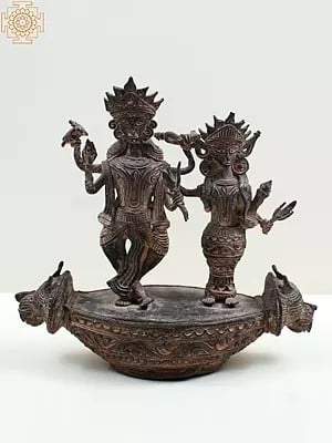 10" Brass Lord Vishnu with Goddess Lakshmi (Tribal Dhokra Art)