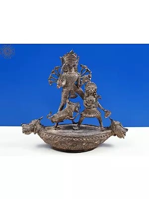 11" Brass Goddess Mahishasura Mardini (Tribal Dhokra Art)