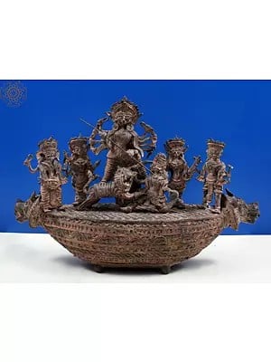 19" Brass Goddess Durga Parivar (Tribal Dhokra Art)