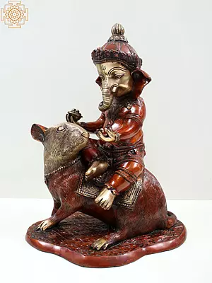 14" Lord Ganesha Seated on Rat Brass Sculpture
