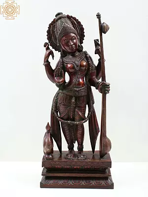 22" Standing Goddess Saraswati Brass Sculpture