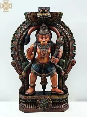 36" Large Wooden Standing Hanuman Ji with Kirtimukha Throne