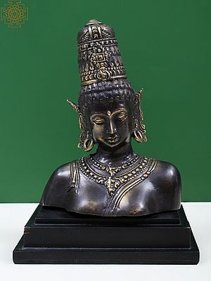 7" Brass Goddess Parvati Bust On Wooden Stand
