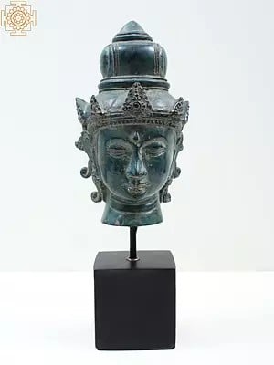 10" Brass Buddha Head On Angular Wooden Stand
