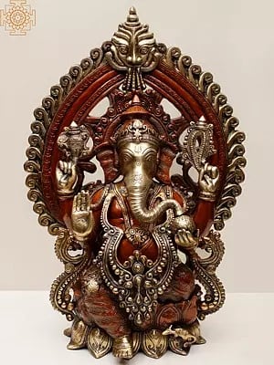 25" Brass Lord Ganesha Seated on Lotus Pedestal with Kirtimukha Prabhavali