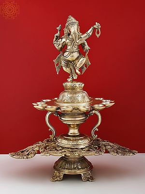 15" Brass Dancing Lord Ganesha with Diya For 12 Wicks