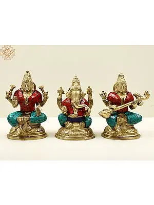 4 Inch Brass Divine Trio: Lakshmi, Ganesha, Saraswati Figurines