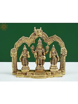 5" Small Brass Lord Vishnu with Shridevi and Bhudevi