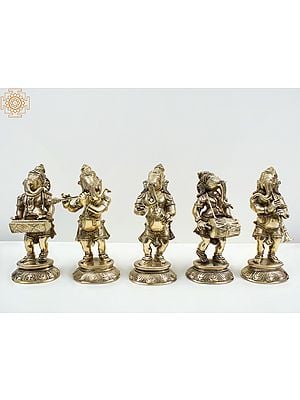 8" Brass Musical Ganesha Set Standing on Pedestal