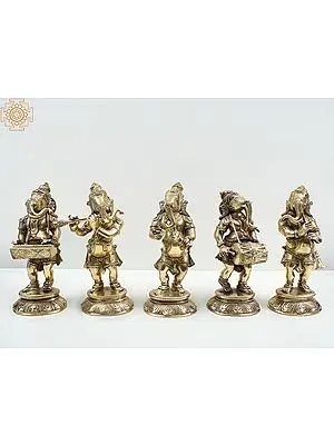 Set of 5 Brass Ganesha Figurines Playing Music - 8" Height