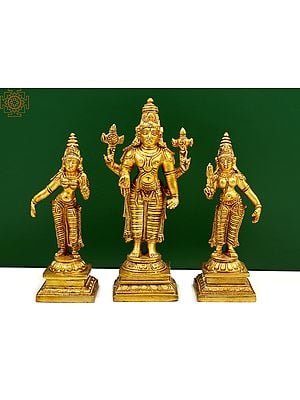 6" Small Brass Lord Vishnu with Shridevi and Bhudevi