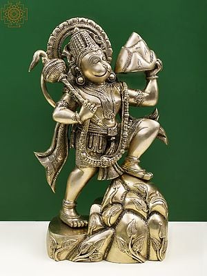 16" Brass Veer Hanuman Ji Lifting the Sanjeevani Mountain