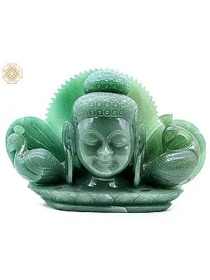 Jade Aventurine Buddha Head Sculpture with Peacock Embellishments - 11"