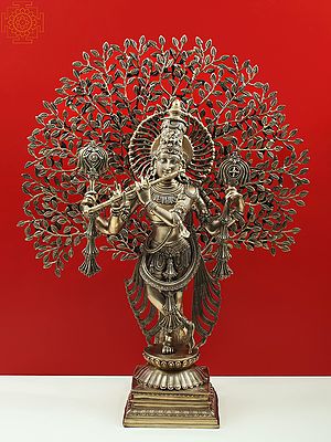 37" Large Brass Lord Krishna Playing Flute Under a Tree