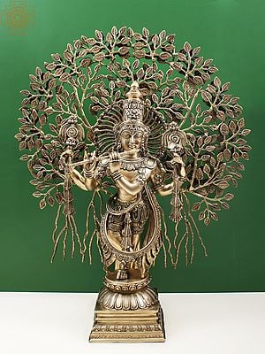 29" Brass Lord Krishna Playing Flute Under a Tree